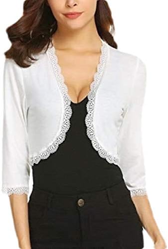 Women's Fashion Lace Trim Half Sleeve Open Front Cropped Shrug Cardigan Bolero