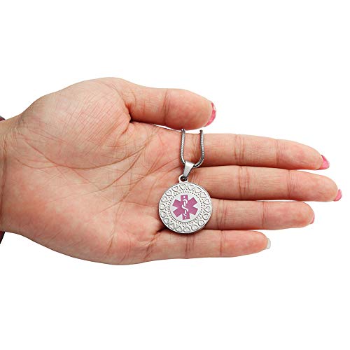 Round Medical Alert ID Necklace Stainless Steel 18 Heart Symbols Dog Tag for Women Girls Free Engraving
