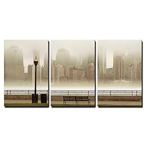 3 Piece Canvas Wall Art - New York City Downtown Business District in a Foggy Day Viewed from Park - Modern Home Art Stretched and Framed Ready to Hang - 16"x24"x3 Panels