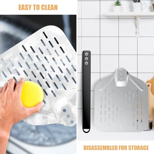 4 Piece Pizza Set - Perforated Pizza Peels 30 cm + 9 Inch Round Aluminium Pizza Peel + Professional Pizza Cutter + Cleaning Brush for Pizza Oven Made of Palm Fibre Bristles