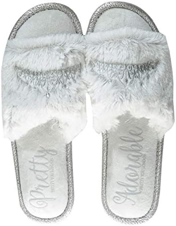 Pretty You Womens Taylor Faux Fur Slide Slippers in Pearl Grey