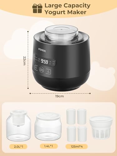 FOHERE Yogurt Maker with 2 XXL Jars Capacity 2000 ml and 1400 ml, 4 x 125 ml Cups and Lid, 8 Preset Programs, LCD Display, Timer, Power 20 W, BPA-Free