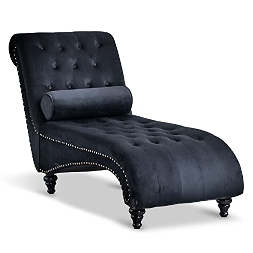 OKAKOPA Modern Glam Tufted Velvet Chaise Lounge with Scrolled Backrest,Indoor Chaise Lounge