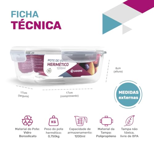 Kit 2 Potes de Vidro Quadrado com Tampa Hermética 1200ml (Branco)