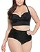 LUYEESS Women's Plus Size High Waisted Ruched Bikini Sets Two Piece Strappy Cutout Solid Swimsuit Swimwear Bathing Suit Black, Size 1X (US 14-16)