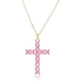 RIZILIA 18K Yellow Gold Plated Women's Cross Necklace, Princess Cut CZ [Simulated Pink Sapphire] Cross Pendant Necklace for Women, Trendy Jewelry Gift for Women