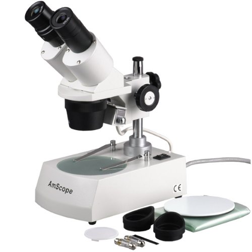 UPC 013964470130, AmScope SE305R-P Forward-Mounted Binocular Stereo Microscope, WF10x Eyepieces, 10X and 30X Magnification, 1X and 3X Objectives, Upper and Lower Halogen Lighting, Reversible Black/White Stage Plate, Pillar Stand, 120V