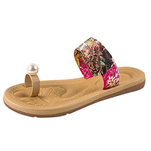 Anshinto Beach Flip Flop for Women, Summer Pearl Floral Print Sandals Non-Slip Flat Sandals Sweet Flower Slippers Shoes (7.5 B(M) US, Red) - Thumbnail 5