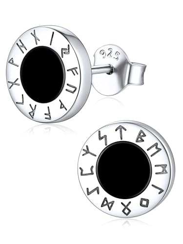 ChicSilver 925 Sterling Silver Viking Rune Natural Black Onyx Stud Earrings For Women Men