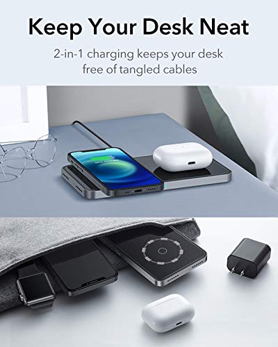 ESR HaloLock 2-in-1 Magnetic Wireless Charging Station [Automatic Magnetic Alignment] [Includes Fast Charging Adapter] for iPhone 12/12 Pro/12 Mini/12 Pro Max, AirPods, Black