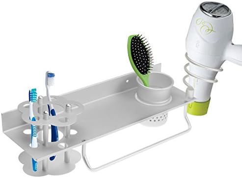 Hair Dryer Holder | Multiuse Storage Rack with Easy Install Wire Loop and Towel Hanger, Cup Holder | Extremely Durable and Sturdy Aluminum Material | Simple and Sleek Design | Silver | 679.4