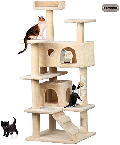 PetPremium Cat Kitten Tree Tower Condo | Indoor Bed Perch Modern | Sturdy Scratcher Scratching Post Furniture Play Pet Home House | 52" Height, Beige