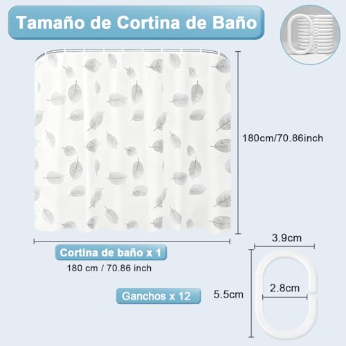 Cortina de Baño para Ducha 180x180cm Cortina para Regadera Impermeable PEVA 12 Ganchos Shower Curtain Opaca a Prueba de Moho para Hogar Bañeras Cabina Hotel Protección de Privacidad Patrón de Hojas