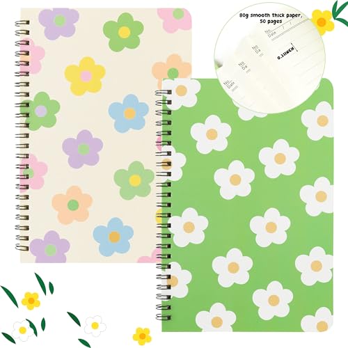L1rabe 2 A5 Flower Spiral Notebooks, Back to School Cute Floral Notebooks Journal Bulk Travel for Girls Teens, College Ruled Wirebound Diary Planner Journal Aesthetic School Supplies for Students