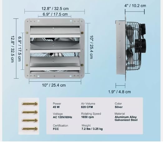 WFHJKI 10-Inch Wall Mounted Shutter Exhaust Fan, Aluminum 820 CFM - VEVOR Compatible Ventilation Fan