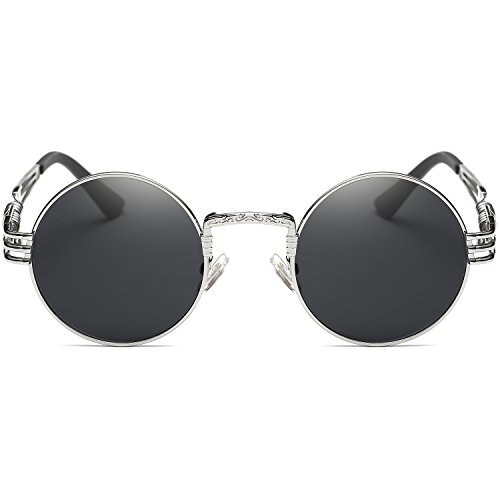 Dollger John Lennon Round Sunglasses Steampunk Metal Spring Frame Mirror Lens (Black Lens+ Silver Frame)