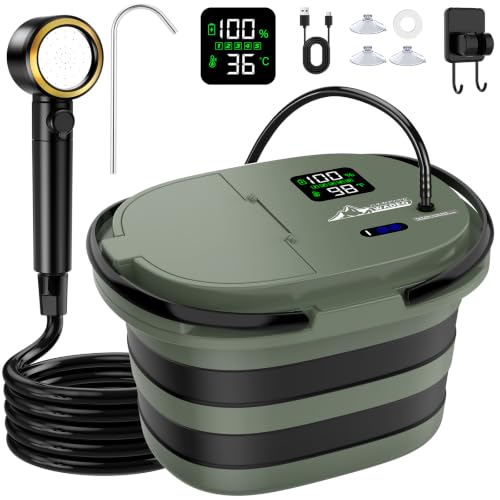 WADEO 2026 Neue Campingdusche mit integrierter Pumpe [13000 mAh] und faltbarem Wassereimer, 5 Geschwindigkeitsstufen und 4 Strahlarten, für Camping, W