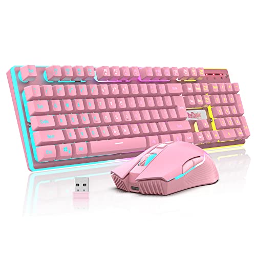 RedThunder K10 Wireless Gaming Keyboard and Mouse Combo Pink