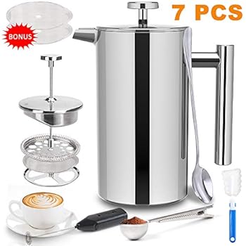 French Press Coffee Maker (34 OZ), French Press Stainless Steel with 2 French Press Filters, Milk Frother and Coffee Scoop, Camping Coffee Maker French Coffee Press Stainless Steel Coffee & Tea Maker.