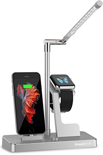PowerBear iPhone Dock &amp; Apple Watch Stand with built in LED Lamp and 2 USB charger ports Apple Certified MFI | 5 in 1 Apple Charging Station – Silver [24 Month Warranty]