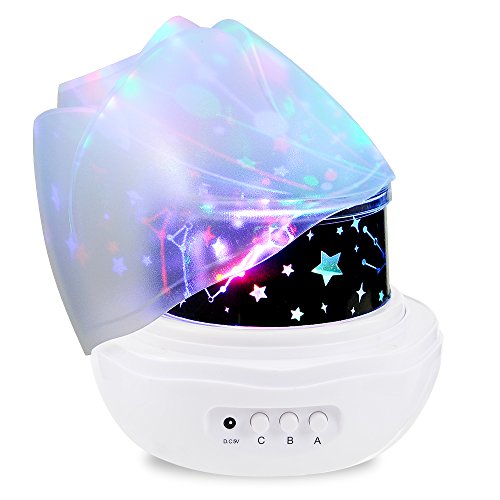 SlowTon Stars Sky Night Light Lamp, Romantic Rose Shape with Color Changing Moon Stars Cosmos Rotating LED Nightlight Projector for Kids Gift Baby Girl Bedroom (White)