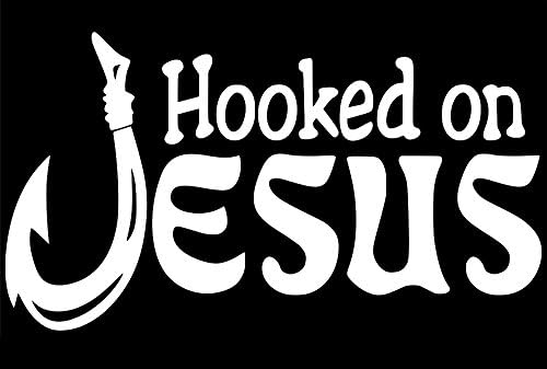 Hooked On Jesus Decal Sticker Vinyl Graphics for Car Truck SUV Motorcycle Windows|White|5.5 X 3.2 inch|URI195