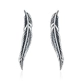 BAMOER New Arrival 925 Sterling Silver Retro Feather Ears Crawler Earrings for Women Climber Earrings (Feather Crawler)