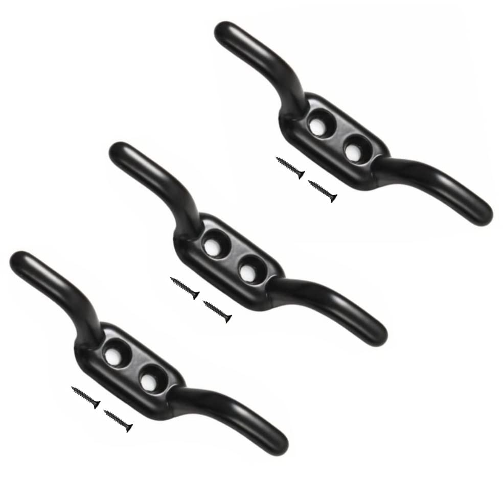 TERF® Heavy Duty Antique Black Rope Cord Cleat Hooks 90mm [3.54''] Washing Line Blind Curtain Ship Flagpole Cord Rope Cleat Hooks with Fixing Screw and Multi Purpose Use - Pack of 3