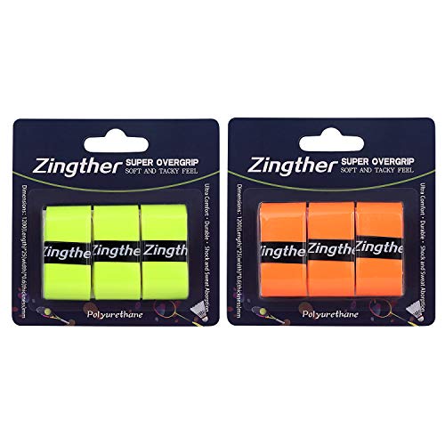 Zingther Professional Premium Super Tacky Grip Overgrip Tape & Over Wrap for Tennis Racket, Badminton Raquet, Squash/Racquetball Racquet and Pickleball Paddle (Orange/Neon Lime Yellow, 6 Grips)