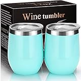 MASCOTKING Wine Glasses Tumbler - 12 oz 2 Pack - Double Wall Vacuum Insulated Cup with Lids for Keeping Wine, Coffee, Drinks -Beverage Warm in Winter-Perfect Father's Day Gifts(2PACK 12oz, Light Blue)
