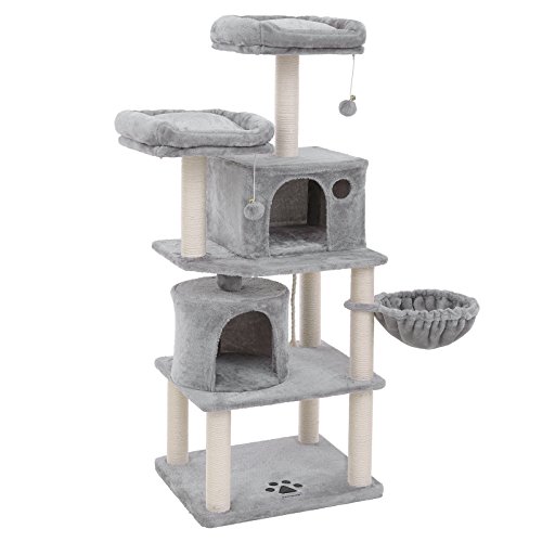 FEANDREA Multi-Level Cat Tree with Sisal-Covered Scratching Posts, Plush Perches, Basket and 2 Condos, Cat Tower Furniture, for Kittens Light Grey PCT90W