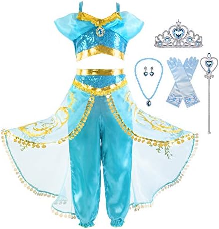 Okidokiyo Girls Princess Jasmine Dress Up Costumes Halloween Party Dress with Accessories
