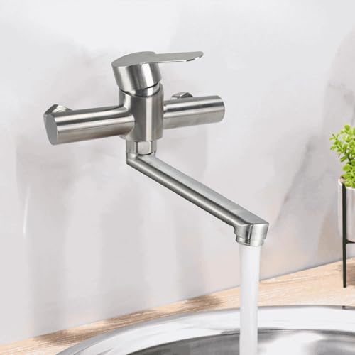 Minnhua Wall Mounted Kitchen Tap Wall Mounted Kitchen Tap with Swivel Spout Universal 25 cm Single Lever Sink Mixer Tap Adjust Hot and Cold Water 304 Stainless Steel