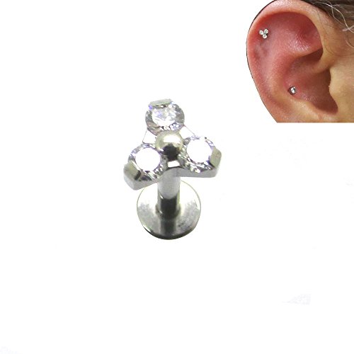 16G G23 Titanium Clear CZ Trinity Top Internally Threaded Titanium Labret Stud