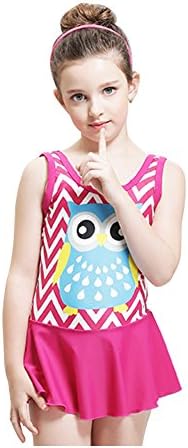 Girls' One-Piece Owl Pattern Swimsuit (152(9-12 Years), rose red)