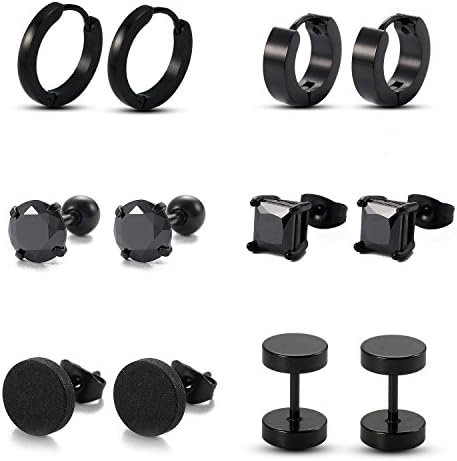 Ogemluv 6 Pairs Stainless Steel CZ Stud Earrings for Men Women Huggie Hoop Gauge Earrings Fake Plug