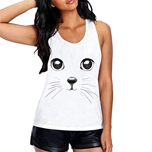 YOcheerful Women Printed Vest Sleeveless Loose Crop Tops Cat Printed Tank Tops Slim Blouse Cool Casual T-Shirt (White, M)