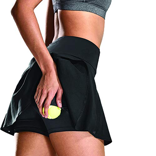 Tennis Skirt with Pockets for Women - Workout, Golf Skort with Build-in Shorts Black - Thumbnail 3