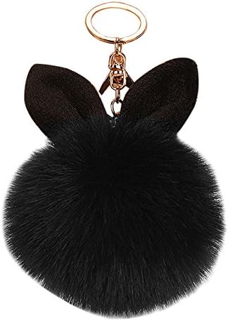 Questionno Pompon Fluffy Women Rabbit Ear Fur Ball Key Rings Bag Keychain (Black)