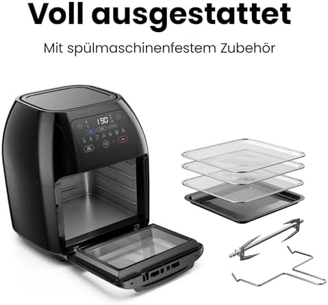 Multifunktionale Digitale Heißluftfritteuse + Rotisserie, Dörrautomat, Konvektion, 17 Touchscreen-Voreinstellungen, XL 10L Familiengröße, Automatische Abschaltung, Großes Sichtfenster, Schwarz