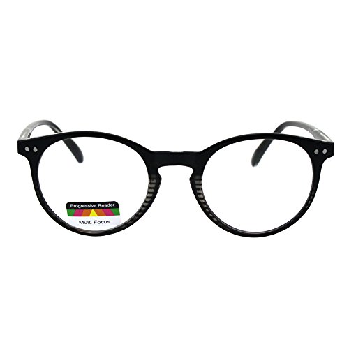 Round Keyhole Thin Plastic Horn Rim Tri-focal Progressive Reader Eyeglasses Black Stripe 2.0