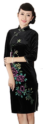 AvaCostume Women's Pleuche Chinese Traditional 3/4 Sleeve Gorgeous Qipao Dress