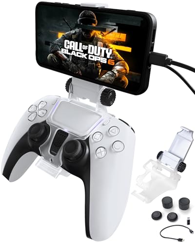Joso Ps5 Controller Phone Mount Clip, Clip-Halterung Für Ps5 Dualsense Wireless Controller, Unterstützung Iphone, Android Mit Ps Remote Play Mit Otg Usb Typ C &Amp; Micro Usb Kabel, 4 Daumen Griffkappen