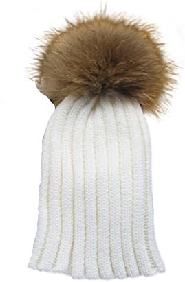Childrens Unisex Outdoor Warm Stylish Winter Beanie Hat with Detacahable Pom Pom and Ribbed Design - Made with Real Fur