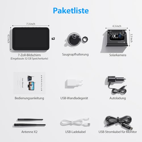 7 Inch Wireless Solar Magnetic Reversing Camera: 9600 mAh Battery, 7 Inch 1080P HD Monitor, 1 Minute Installation, IP69K Waterproof Reversing Cameras, for Trailers, Motorhomes and Trucks