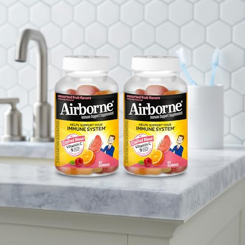 AIRBORNE 750MG VITAMIN C GUMMIES FOR ADULTS, IMMUNE SUPPORT GUMMIES WITH POWERFUL ANTIOXIDANTS VIT C & E, CAFFEINE FREE – 2X63CT BOTTLE (42 SERVINGS), ASSORTED FRUIT FLAVOR