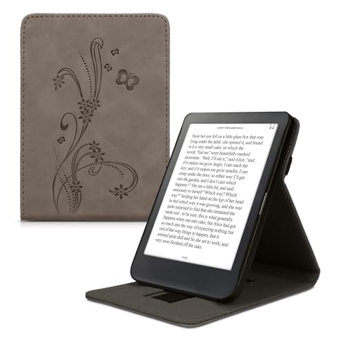 kwmobile Cover Compatible with Kobo Clara BW/Colour - Faux Nubuck Leather e-Reader Case with Built-in Hand Strap and Stand - Butterfly Tendril Grey