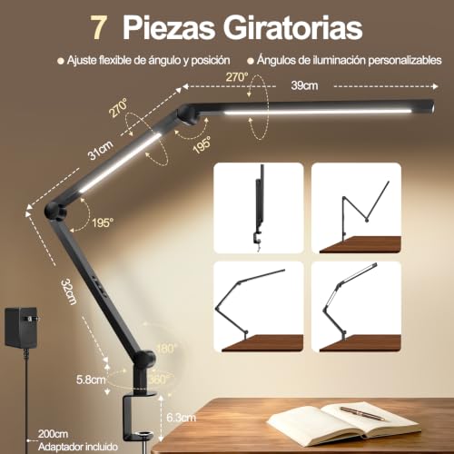 Lampara de Escritorio LED con Pinza, Doble Fuente de Luz 1500LM CRI>95, Lámpara de Mesa con Brazo Ajustable 7 Articulaciones, 4 CCT y 5 Brillos, Luz para Monitor y Home Office