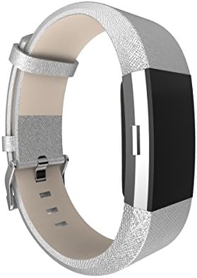 For Fitbit Charge 2 Band Leather Strap, AISPORTS Fitbit Classic Leather Smart Watch Adjustable Replacement Band Wristband with Metal Bracelet Buckle for Fitbit Charge 2 Fitness Accessories - Silver