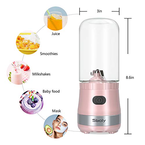 Mini Mélangeur Portable USB Rechargeable avec 2 Bouteilles Tritan Sans BPA, Mélangeur Personnel pour Smoothies et Milk Shakes, Petit Mélangeur de Jus pour le Bureau et les Voyages par Sboly (Rose)